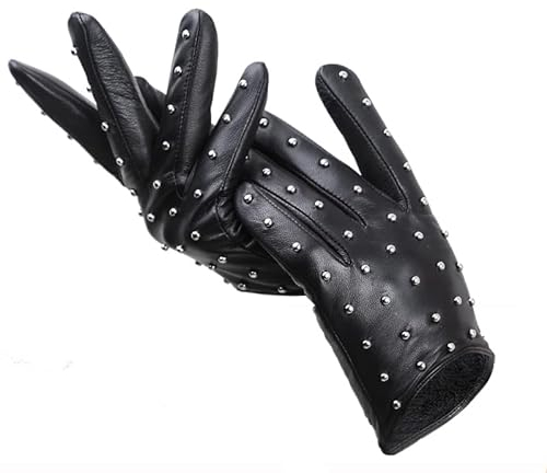 Yeuyyben Nieten Leder Schaffell Damen Handschuhe Dünne Warme Damen Winterhandschuhe Fahren Motorrad Damen Lederhandschuhe