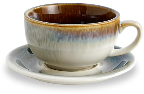 Coffeezone Vintage Design 12 oz Ceramic Latte Art Cappuccino Barista Cup with Saucer (Space Grey)