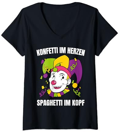Damen Konfetti Im Herzen Spaghetti Im Kopf Karneval Fasching Clown T-Shirt mit V-Ausschnitt