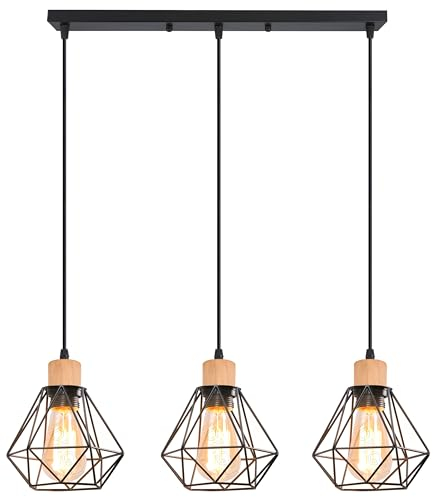 iDEGU 3 Luces Lámpara Colgante Vintage Industrial Iluminación Colgante de Madera Metal Retro Pantalla Diseño Jaula 16cm Luz Colgante Lámpara de Techo para Comedor Cocina Salón Cafetería (Negro, Barre)