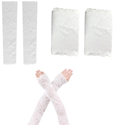 KSJEHW 2 Piezas Guantes de Encaje para Mujer - Cortos y Largos Sin Dedos, Elegantes Vintage para Fiesta de Té, Ópera, Accesorios para Disfraces de Boda y Fiesta (Blanco)