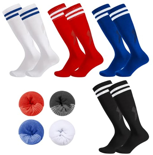 Meng Jiaran 4 Pairs Kids Football Socks, Childrens Football Socks Kids Long Breathable Soccer Socks for Daily Running Training Socks for Boys Aged 5-12 (Blue+White+Red +Black)