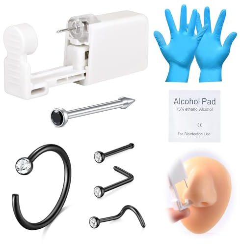 AVYRING 8 st näspiercingkit, piercingpistol inbyggda nässtift, smärtfritt självpiercingkit med 20 g näsringar, engångspiercing för hemmet näsa piercing, Rostfritt stål