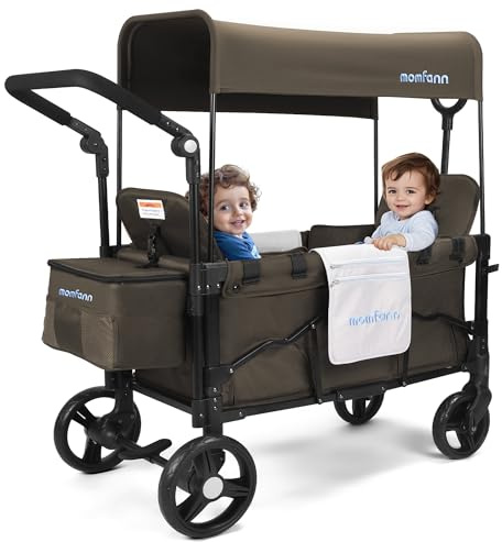 MOMFANN Stroller Wagon for 2 Kids, Baby Wagon Stroller with Adjustable Handle for Infants and Toddlers Includes Canopy & Organizer, Foldable and Convenient for Storage, Brown