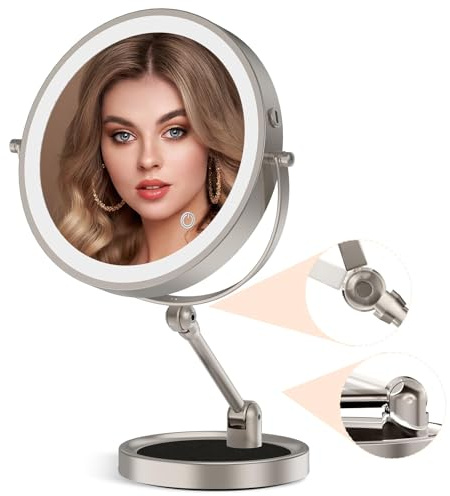 Rocollos Lighted Vanity Mirror: 9 Rechargeable Tabletop Makeup Mirror, 10X Magnification, 3 Color Dimmable, Height Adjustable Cordless Mirror, 4000mAh USB-C, 360° Swivel, Rustproof for Bathroom