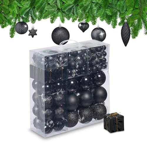 Relaxdays Weihnachtskugeln 110er Set, Kunststoff, Weihnachtsbaumdeko mit Kugeln & Lametta, Christbaumschmuck, Farbwahl