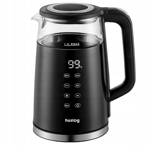 Huslog Hervidor de Agua Eléctrico 1,7 L con Pantalla Táctil, 2200 W, Acero Inoxidable y Vidrio, Temperatura (40–100 °C), 4 Programas, Función Mantener Caliente, Filtro Antical, Base 360°, Negro