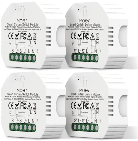 MOES Zigbee RF433 Rolladenschalter Relais Modul für Rollladenmotor 4 Stück | Mini Rollladenmodul, Prozentanpassung, Kompatibel mit Alexa und Google Home, Zigbee Gateway erforderlich