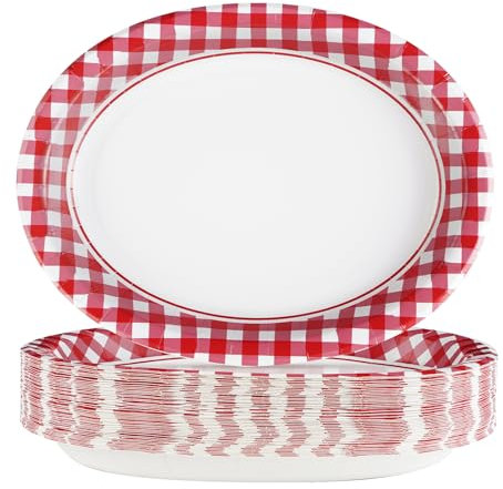 50Pcs Gingham Oval Paper Plates 10 x 12 Large Disposable Heavy Duty Red and White Buffalo Checked Plaid Dessert Platter Sturdy Plates for Fall Pizza Picnic BBQ Baby Shower Birthday Party Supplies