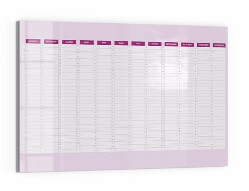 DEQORI Glas-Magnettafel | 90x60 cm cm groß | Motiv Jahresplaner Pink (EN) | Memo-Board aus Glas | Magnetboard inkl. Magnete, Stift & Tuch für Küche & Büro | Tafel magnetisch & beschreibbar