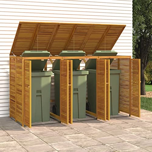 Tidyard Abri à Poubelle Triple 210x89x117 cm Bois Massif d'acacia, Poubelle Cache Conteneur avec Porte et Couvercle, Abri Range Déchets, Abri pour Poubelle à roulettes pour Jardin
