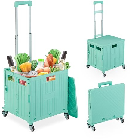 Relaxdays Einkaufstrolley klappbar, Einkaufskorb mit Lenkrollen, bis 35 kg, Deckel & Teleskopgriff, Rollkiste, türkis