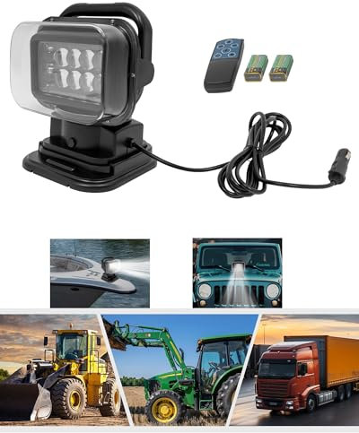 LED Suchscheinwerfer Auto mit Fernsteuerung | 50W Scheinwerfer mit Kabel & 2x 9V-Batterien | 360° Lampenkopf | 600m Beleuchtung Entfernung | 9-32V 5A 6500K 8000LM Suchlicht - Wetterfest (Schwarz)