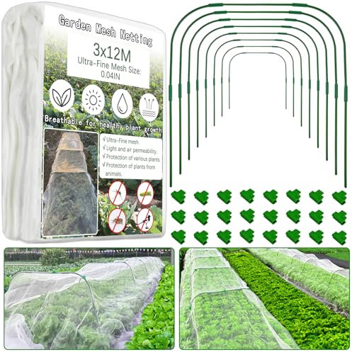 Garden Mesh Netting Kit,3x12M Plant Cover Ultra Fine Mesh Netting with 8Pcs Garden Hoops & 24 Clips,Greenhouse Hoops Kits,Frost Cover Kits Raised Bed,Animal Barrier Net for Protection Vegetables