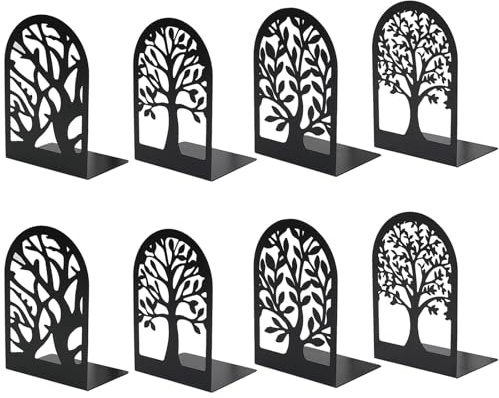 APKOL Lot de 8 serre-livres en métal noir avec motif d'arbre - Serre-livres en organza avec butoirs antidérapants - Bords arrondis sûrs - Pour l'école, la maison, le bureau