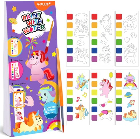 YPLUS Mini Magisches Wassermalbuch für Kinder, Einhorn | Messfrei Mini mit Wasserpinsel, Wiederverwendbar, Reisespielzeug Geschenk ab 2