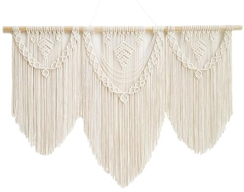 Grande arazzo macrame da appendere a parete - tenda da parete in macrame con bastoncini di legno | Tenda di nappa boho | Decorazione da parete tessuta a mano per appendere ornamenti per la casa |