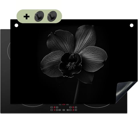 KitchenYeah© Herdabdeckplatte Einteilig Küche Herdabdeckung Induktionsfeld | 78x52 cm - Ceranfeld Herdabdeckplatten Vinyl Matte, Spritzschutz Küchenrückwand Schwarz - Blume - Orchidee