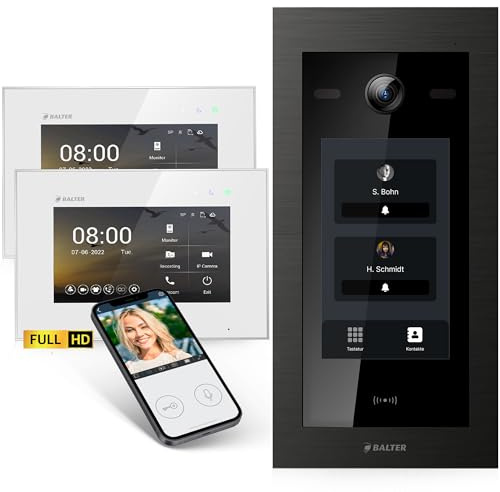 Balter EVO-HD Video Türsprechanlage mit Touchscreen Türstation, Video Türklingel, Smartphone App, 2 Familienhaus, 2X 7 Monitore, Türklingel mit Kamera Full HD, 2 Draht Bus, 175° Weitwinkel, RFID