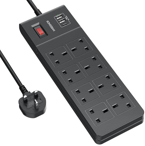 NVEESHOX Black Extension Lead [13A 3250W], 8 Way Outlets Power Strip with 3 USB Ports, 2M Surge Protected Extension Lead with USB Slots, Multi Plug Extension Socket, Extension Cord for Home, Office