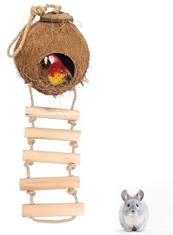 Gecko Coconut Husk Hut, Natural Coconut Shell Bird Nest with Ladder Hanging Loop Reptile Hideouts Bird Hut Nesting House for Pet Parrot Leopard Gecko Reptiles