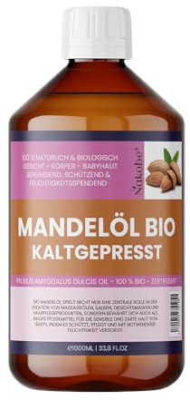 Naturlig ekologisk mandelolja kallpressad – premiummassage, hud- och hårvårdsolja – aromaterapi – nagelvård – utan tillsatser – Nakobe (1000 ml)