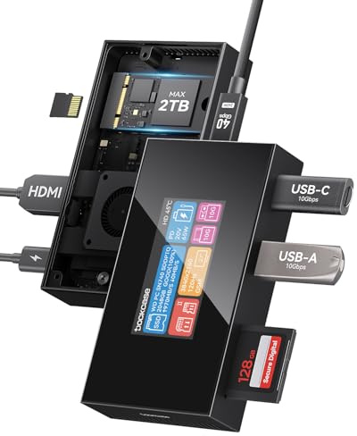 DOCKCASE 7in1 USB Hub Scrigno del Tempo per fotografi, Lettori SD/microSD UHS-II 312 MB/s, box SSD NVMe M.2 2230/2242 10 Gbps fino a 2TB, PD 100 W, USB-A/USB-C 10 Gbps, HDMI 4K@120 Hz, touch LCD 1,90″