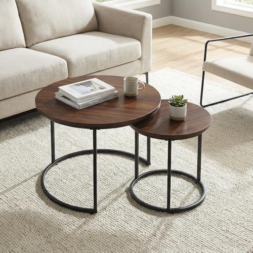 Round Nesting Coffee Table Set of 2, Modern Marble Pattern Wooden Nesting Tables, Stacking Minimalist Nesting Tables for Living Room Bedroom Small Space, Wood Brown and Black