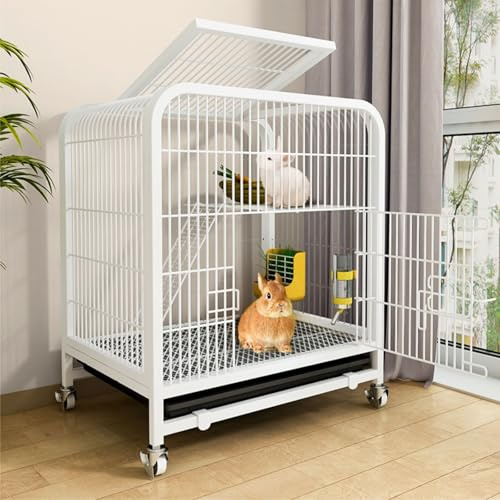 Kaninchenkäfig Indoor mit extra großen ausziehbaren Ablagen, 360° Universalrad, Doppeltür-Design, langlebiges Metalldrahtgeflecht