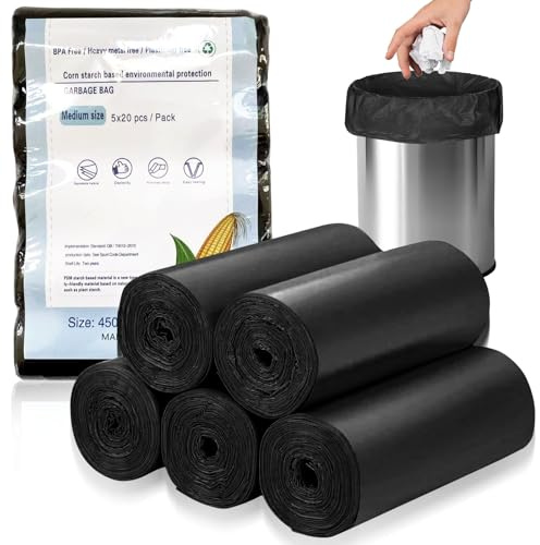Biodegradable Food Waste Bags, 100Pcs Compostable Food Waste Bags, Bin Liners, 50 x 60cm Clear Recycling Bag, Compostable Bin Liners for Kitchen Bathroom Garden Office (Black)