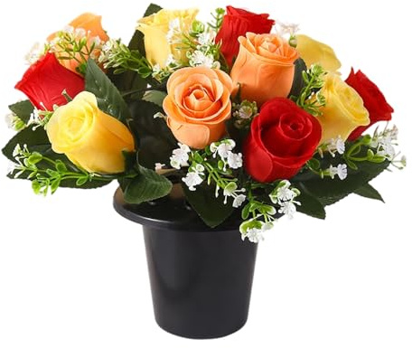Lotvic Artificial Flowers for Graves, 25cm Grave Flowers, Grave Pots with Artificial Flower, 12 Head Roses, Artificial Flower for Cemetery, Memorial, Christmas (Yellow)