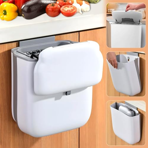 Nuoyiman 10L Foldable Wall Mounted Kitchen Bin with Lid, Food Waste Caddy | Bin for Under-Sink/Cupboard Door/Cabinet/Bathroom/Caravan/Laundry (Cream & Grey)