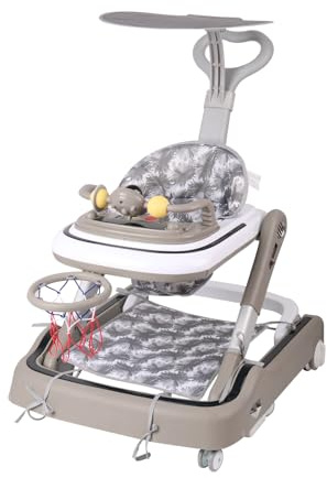 Homewell 3in1 Lauflernhilfe mit Basketballkorb, Markise und Musik, Baby Gehwagen Klappbar, Gehfrei, 3 einstellbare Geschwindigkeiten, Laufstuhl Laufhilfe babys ab 6 Monaten (Khaki)