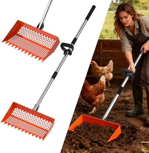 Technohom Cuchara y rastrillo para excrementos de pollo 2 en 1, cabezal de pala de 12 pulgadas y mango de acero inoxidable 304 ajustable en 3 ángulos, pala para arena de pollo, rastrillo y pala para