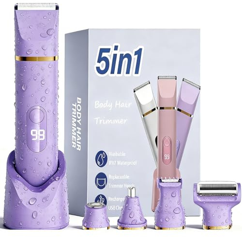 XkuiHF 5 en 1 Rasoir Electrique Femme, Tondeuse Maillot humide/sèche, étanche IPX7, Tondeuse Femme Intime pour le visage, les aisselles, les jambes, les bras et le maillot (Violet)