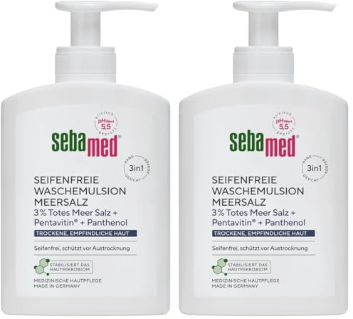 SEBAMED seifenfreie Waschemulsion Meersalz mit Spender 200 ml, für eine besonders milde Reinigung der trockenen und empfindlichen Haut, zur Hand-, Gesichts- und Körperreinigung geeignet