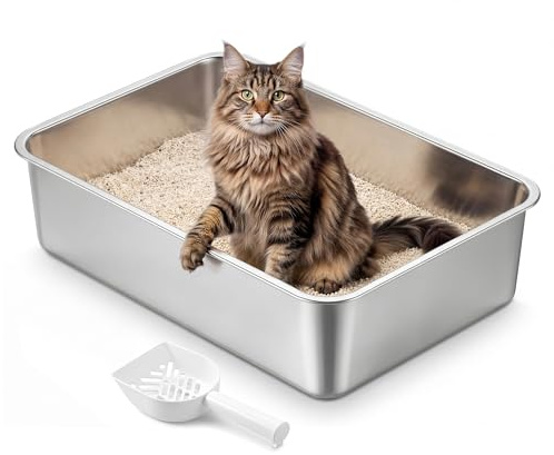 Feandrea Lettiera per Gatti in Acciaio Inox, Vaschetta Aperta con Paletta, Antiaderente, Inodore, Facile da Pulire, XL, 60 x 40 x 15 cm per Gatti di Taglia Grande PPT019E101