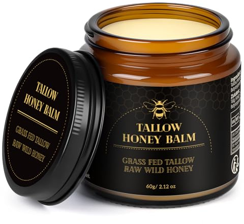 Whipped Beef Tallow för huden – 100 % gräsfodrad nötkötttalg, naturlig honung & bivax fuktkräm Tallow Cream för kropp och ansikte, djup hydrering och vård (2,1 oz)
