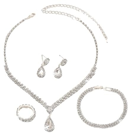 BKEPDY 4 Piezas Juego De Joyería Nupcial para Mujer Elegante Rhinestone Collares Pendientes Pulsera y Anillo Conjunto de Joyas para Dama Honor Baile Graduación（Plata）