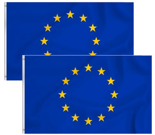 Lot de 2 grands drapeaux européens de 1,5 x 0,9 m avec motif double face, drapeau de l'UE avec œillets en laiton pour jardin, rue, intérieur, extérieur, décoration de fête européenne