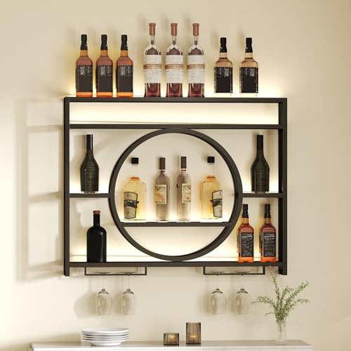 Youyijia Wall Mounted Metal Bar Shelf, Modern Floating Wine Rack with Glass Holder, Industrial Display Stand, 100x80cm (100cm)