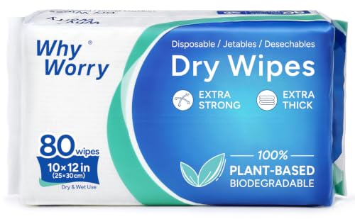 WhyWorry Disposable Dry Wipes for Adults Personal Care, 25x30 cm, 80 Count | Extra Large Dry Cloths, Body Cleansing Cloths for Incontinence & Baby Care, Face Care, Ultra Soft & Thick, 100% Plant-Based