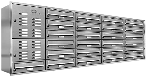 AL Briefkastensysteme, 25er Unterputzbriefkasten, Briefkasten mit Klingel, 25 Fach, Briefkastenanlage modern, rostfrei Edelstahl Postkasten