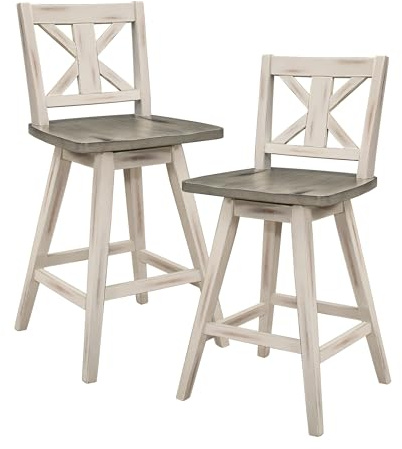Lexicon Counter Height Stools Set of 2-Solid Wood Frame 360° Swivel Wooden Stools, Foot Rest, X Back, Wide Seat, Distressed Farmhouse Easy to Clean Finish, 24 SH, Antique White/Grey