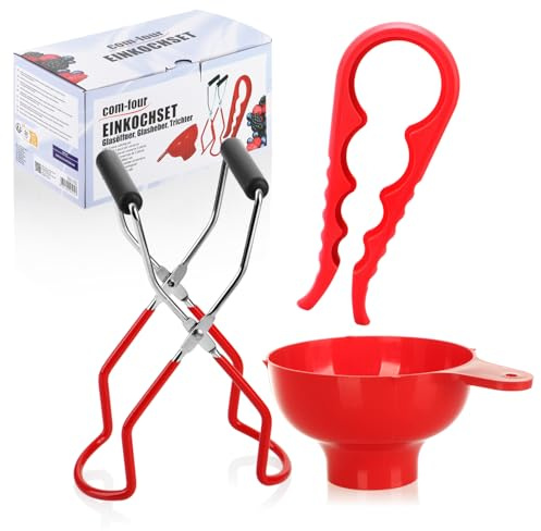 com-four® 3-teiliges Einkoch-Set, Glasheber, Trichter zum Abfüllen und einen Glasöffner zum einfachen Öffnen von festsitzenden Deckeln (Starterset - 3-teilig)