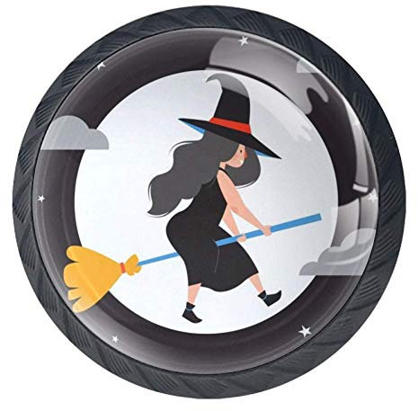 BestIdeas Cute Halloween Witch Broom Round Drawer Knobs Pulls Handles 4 Pack Used for Kitchen, Dresser, Door, Cupboard