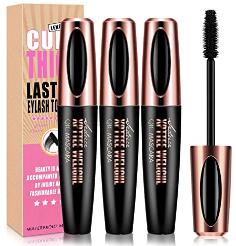 3 Pcs 4D Silk Fiber Lash Black Mascara, Longer & Thicker Lashes, Waterproof, Clump-Free, Long-Lasting, Smudge-proof, Hypoallergenic, All Day Luxurious Looking Lashes