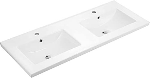 baanio - Lavabo Encimera Cerámico Doble Seno | Lavabo sobre Encimera Rectangular | Pila Lavamanos 121x46 cm | Compatible con Mueble de Baño 120x45 cm, 2 lavabos Integrados, Rebosadero, Orificio Grifo