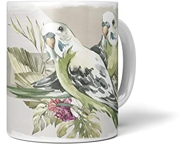 Paul Sinus Dekorative Tasse mit schönem Vogel Motiv Wellensittiche Pärchen Blumen Blüten Exotisch Wasserfarben