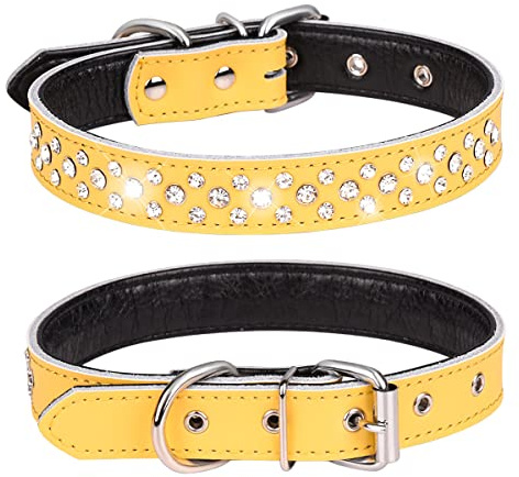 Haoyueer Hundehalsband mit Strasssteinen, verstellbar, glitzernde Kristallnieten, echtes Leder, Haustier-Hundehalsband für kleine und mittelgroße Hunde (S, Gelb)
